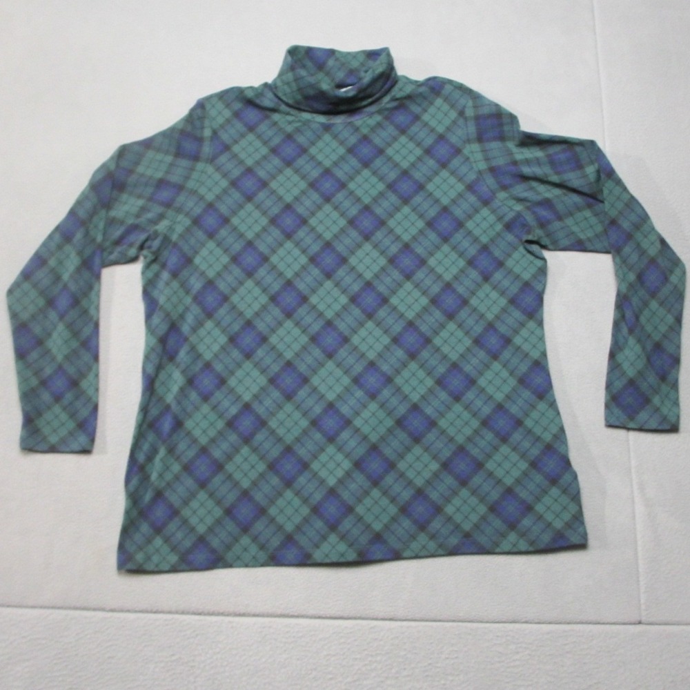 Lands End Top Womens 1X 16-18 Green Blue Plaid Turtleneck Holiday Long Sleeve